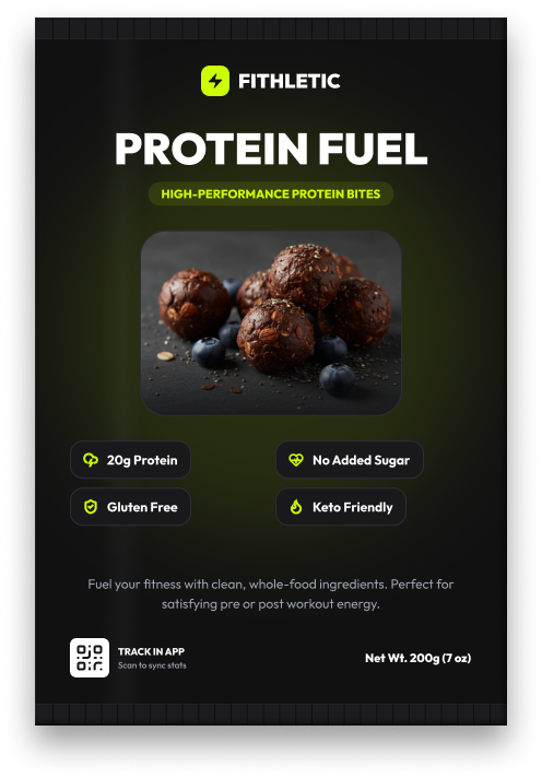 Fitlethic Protein Fuel pillow pouch packaging — dark background, lime Fitlethic logo, product photo of protein bites with blueberries, four nutrition badges (20g Protein, No Added Sugar, Gluten Free, Keto Friendly), a QR code to track in the app, and net weight 200g