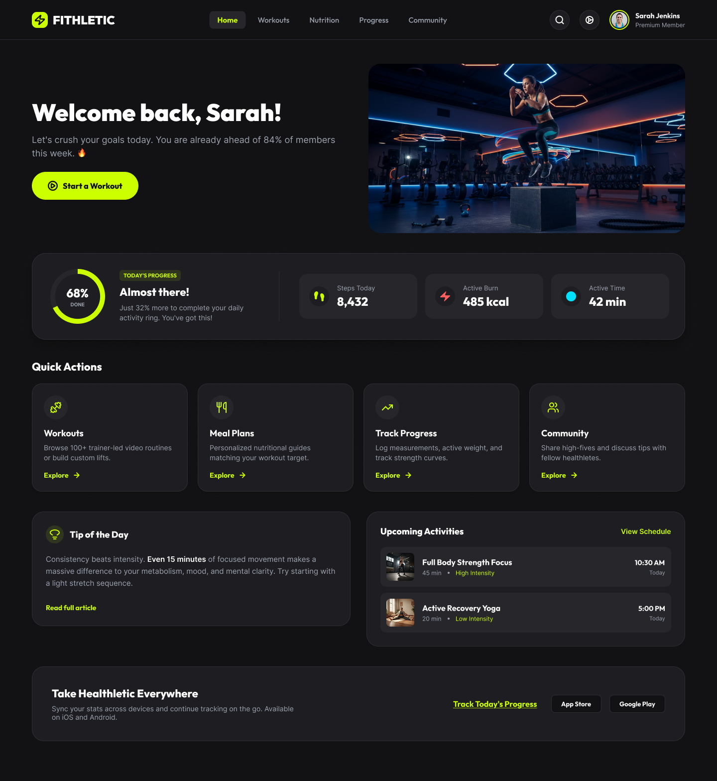 Fitlethic desktop home screen — dark theme with a lime-green circular progress ring, stat cards, and quick action tiles