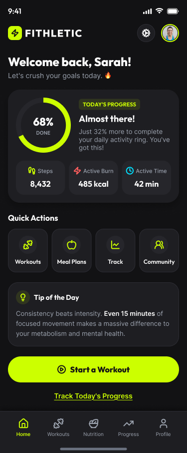 Fitlethic mobile home screen with a lime-green progress ring on a dark background
