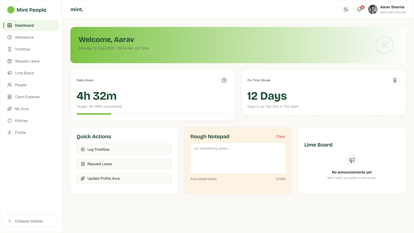 Mint People dashboard with stat cards and quick actions