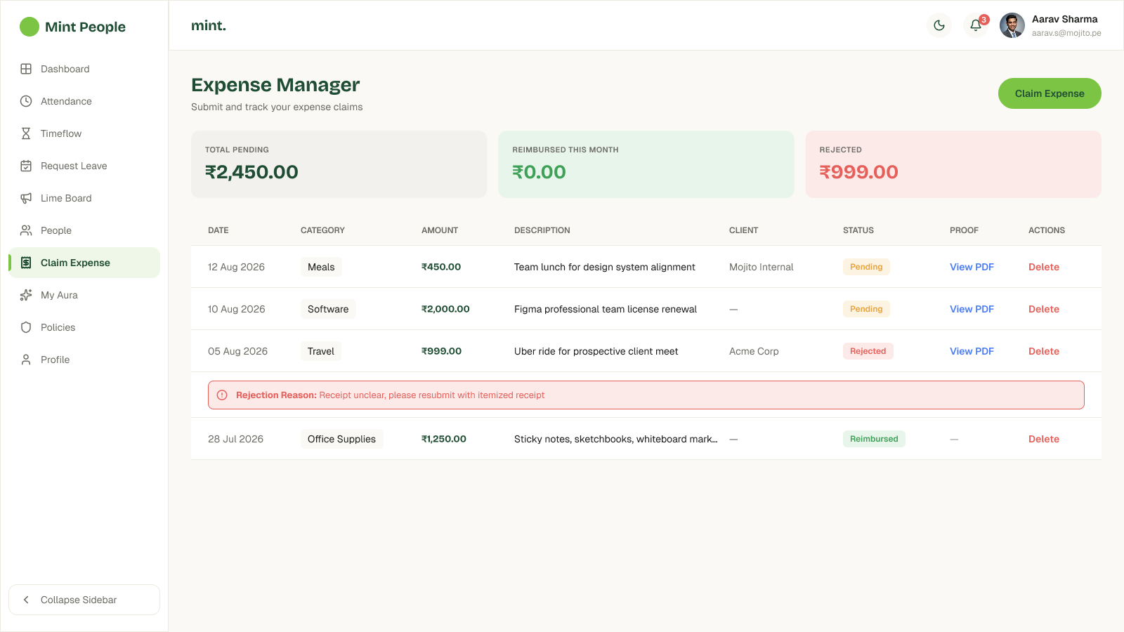 Expense Manager screen with grey, green, and red tinted summary cards for Total Pending, Reimbursed This Month, and Rejected