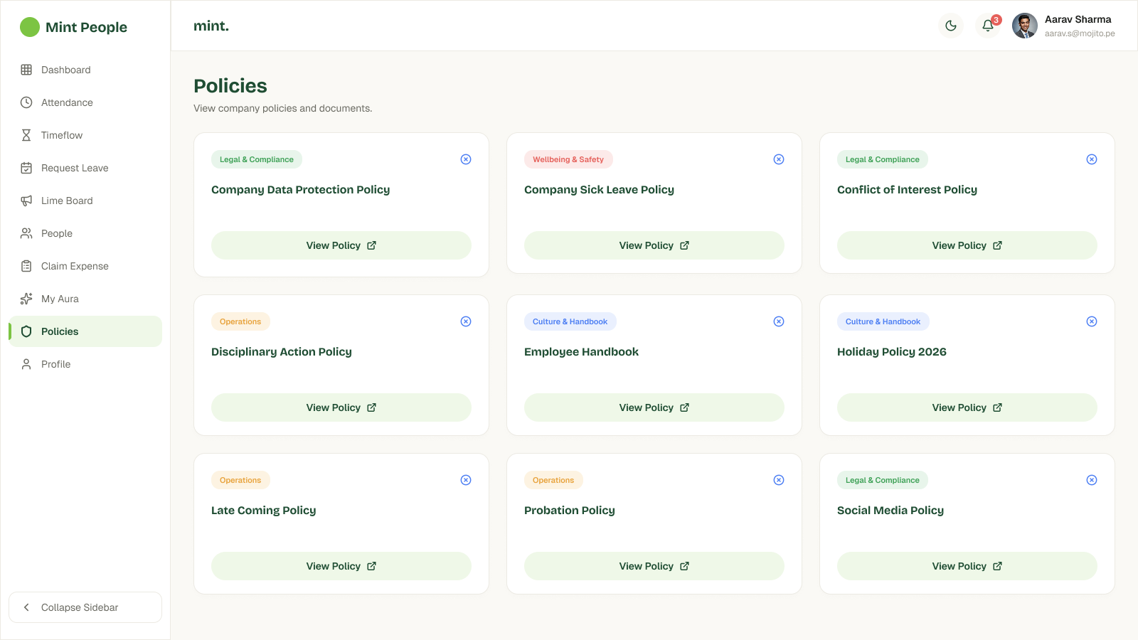 Policies screen with nine policy cards, each labelled with a colour-coded category badge: Legal & Compliance, Wellbeing & Safety, Operations, and Culture & Handbook