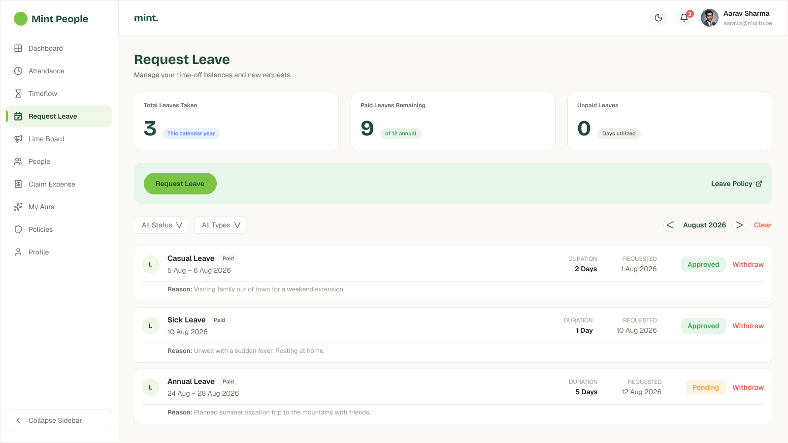 Request Leave screen