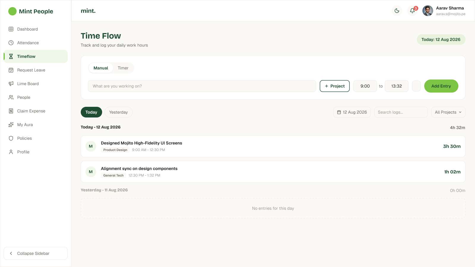 Time Flow screen