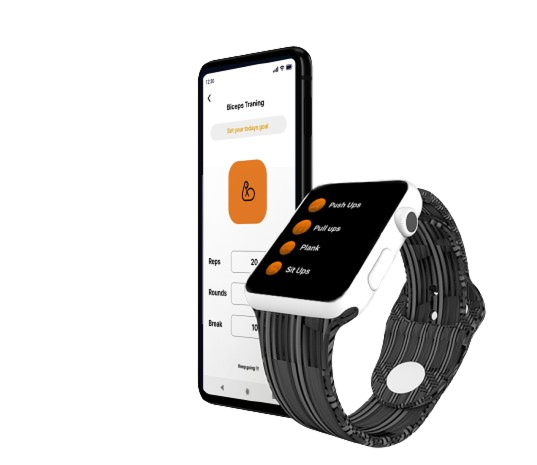 Muscle Root mobile and watch together — phone showing Biceps Training setup, Fastrack smartwatch showing Push Ups, Pull Ups, Plank, Sit Ups
