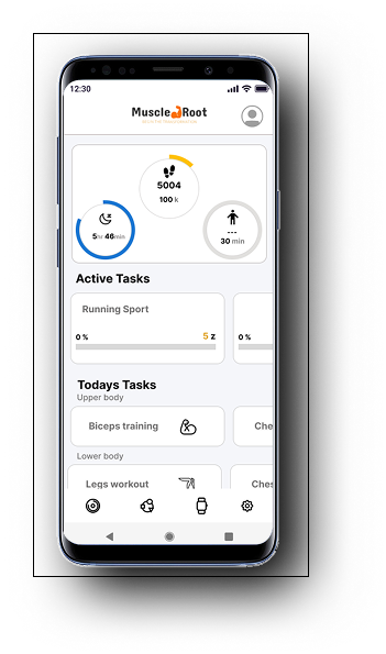 Muscle Root home dashboard: circular step counter at 5004 steps, Active Tasks (Running Sport), Daily Tasks (Biceps training, Legs)