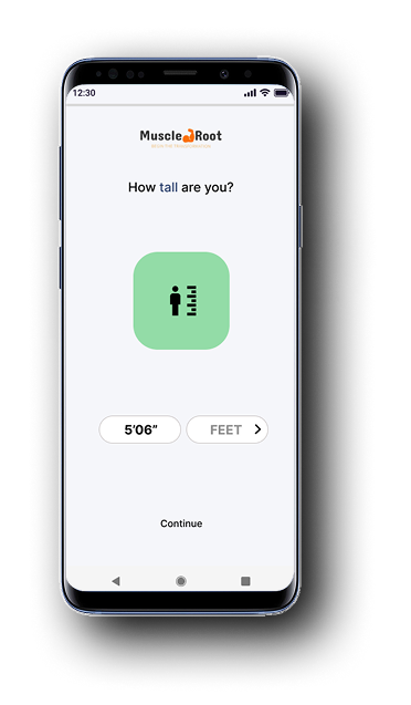 Onboarding screen: 'How tall are you?' with a height icon and picker showing 5'06" in Feet