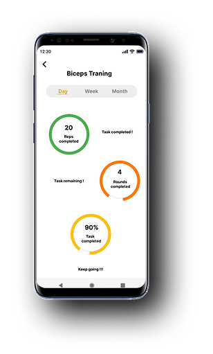 Day view: 20 Reps, 4 Rounds, 90% Task completed with orange ring indicators