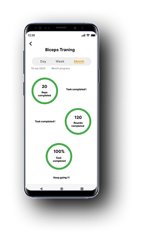 Month view: 20 Reps, 120 Rounds, 100% — cumulative monthly volume