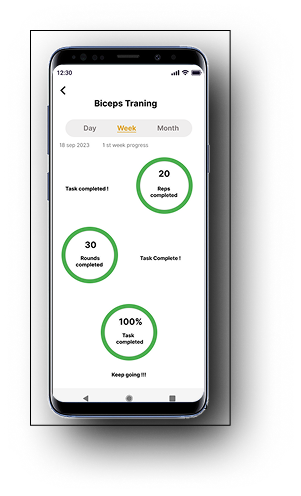 Week view: 20 Reps, 30 Rounds, 100% — all green rings