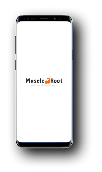 Muscle Root splash screen on a Samsung Galaxy — white background with MuscleRoot logo and tagline 'Begin the Transformation'