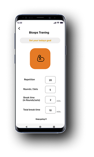 Biceps Training setup screen with Repetition 20, Rounds/Sets 5, Break time 2 min, Total break time 10 min