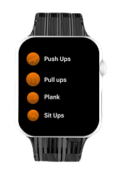 Watch exercise list: Push Ups, Pull Ups, Plank, Sit Ups with orange dot indicators