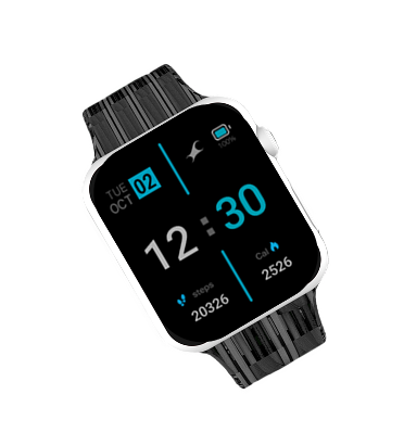 Watch home face: TUE OCT 02, 12:30, steps 20326, calories 2526 on black background with teal accents