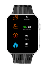 Active workout stats: 5 Rounds, 00/20 Repetition, 20 bpm, 36 calories
