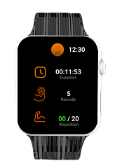 Watch workout timer: 00:11:53 Duration, 5 Rounds, 00/20 Repetition