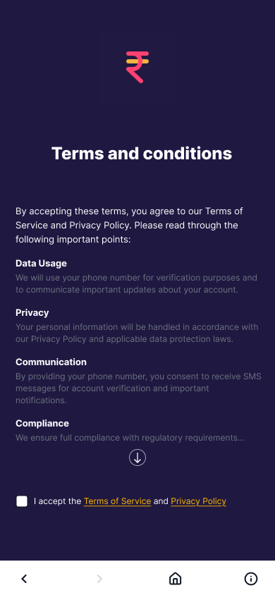 Terms and conditions redesigned as a full screen with Data Usage, Privacy, Communication, and Compliance sections, and a checkbox to accept the Terms of Service and Privacy Policy