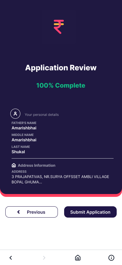 Rupaya's Application Review screen showing 100% complete progress and the applicant's personal information