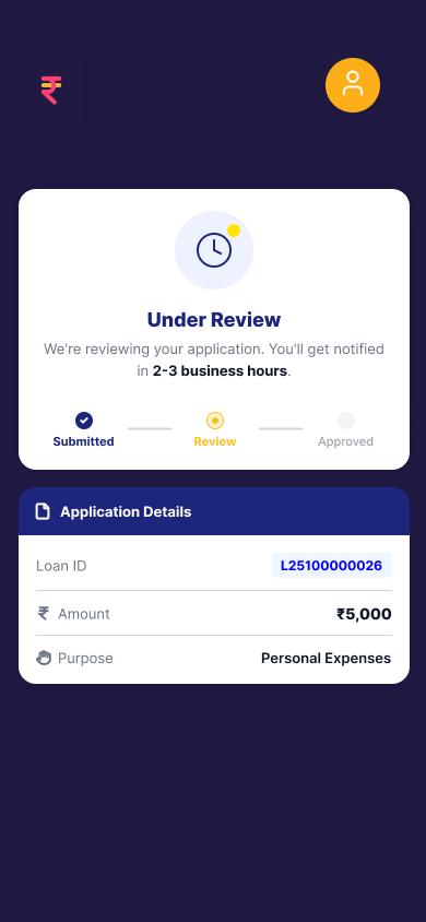 Under review status screen with loan amount and application details