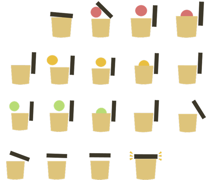 Sprite sheet showing all states of the ice cream cup icon: empty, with pink scoop, yellow scoop, and green scoop in various tilt and fill positions, ending in a celebratory state