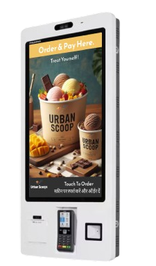 Front view of the Urban Scoops kiosk showing the attract screen with ice cream photography and Touch To Order prompt