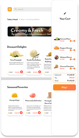 Cart screen showing selected items (Varanasi Paan, Udaipuri Ghevar, Chennai Chocolate), subtotal ₹1,238.92, tax ₹44.93, total ₹1,432.92, and a Pay button