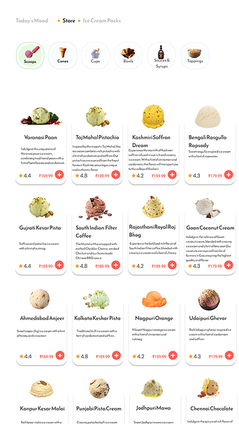 App product listing showing a grid of ice cream flavours — Varanasi Paan, Taj Mahal Pistachio, Kashmir Saffron Dream and more, each with a photo, rating, and price