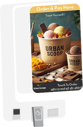 Kiosk attract screen showing an Urban Scoop ice cream cup with the tagline 'Order & Pay Here. Treat Yourself!' and 'Touch To Order'