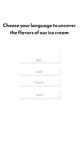 Kiosk language selection screen: 'Choose your language to uncover the flavours of our ice cream' with options for Hindi, Marathi, English and Gujarati