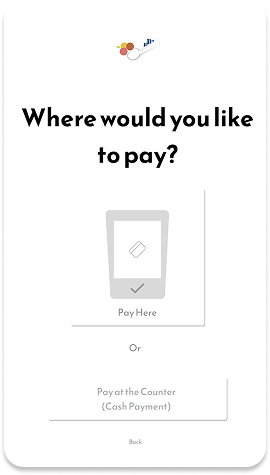 Payment method screen: 'Where would you like to pay?' with two options — Pay Here (card terminal icon) or Pay at the Counter (Cash Payment)