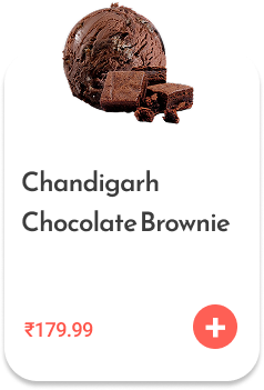 Individual product card showing Chandigarh Chocolate Brownie ice cream with a photo of the scoop, price ₹179.99, and an orange + button
