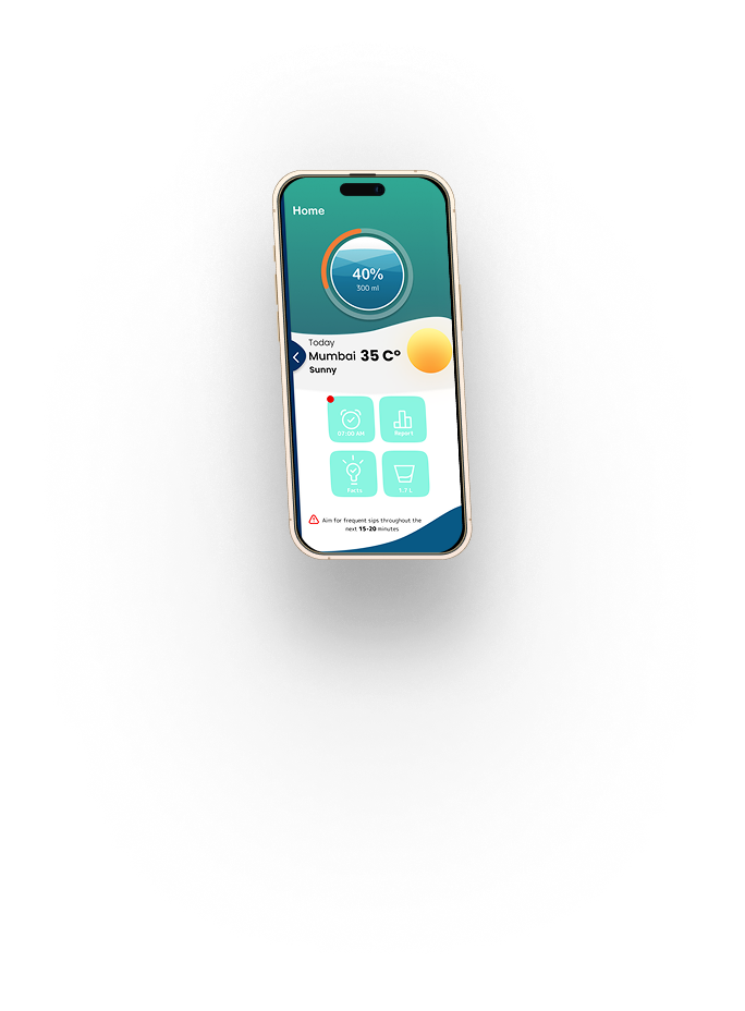 Isometric hero mockup of the Sip Well home screen showing the circular progress ring, weather widget, and quick-action grid