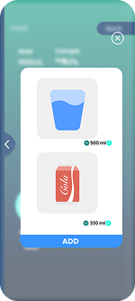 Add drink modal showing two beverage options: a glass of water (500ml) and a can of Cola (330ml), with an ADD button at the bottom