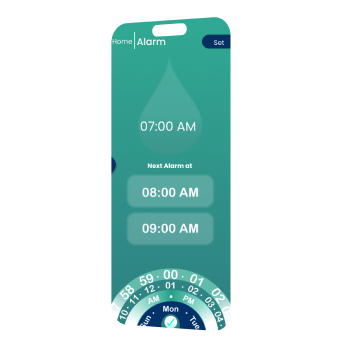 Alarm screen showing the current alarm at 07:00 AM with next alarms queued at 08:00 AM and 09:00 AM, and a rotary time-picker wheel at the bottom