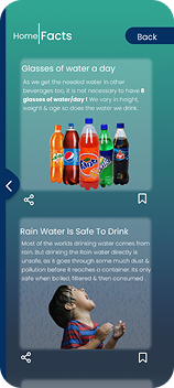 Facts screen showing two awareness articles: 'Glasses of water a day' with beverage illustrations, and 'Rain Water Is Safe To Drink' — styled as a news feed