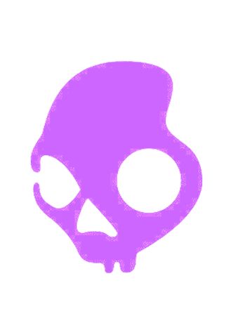 Skullcandy skull icon in brand purple — a stylised cartoon skull with hollow eye sockets
