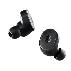 Skullcandy Dime True Wireless earbuds in matte black — two compact earbuds with the skull logo embossed