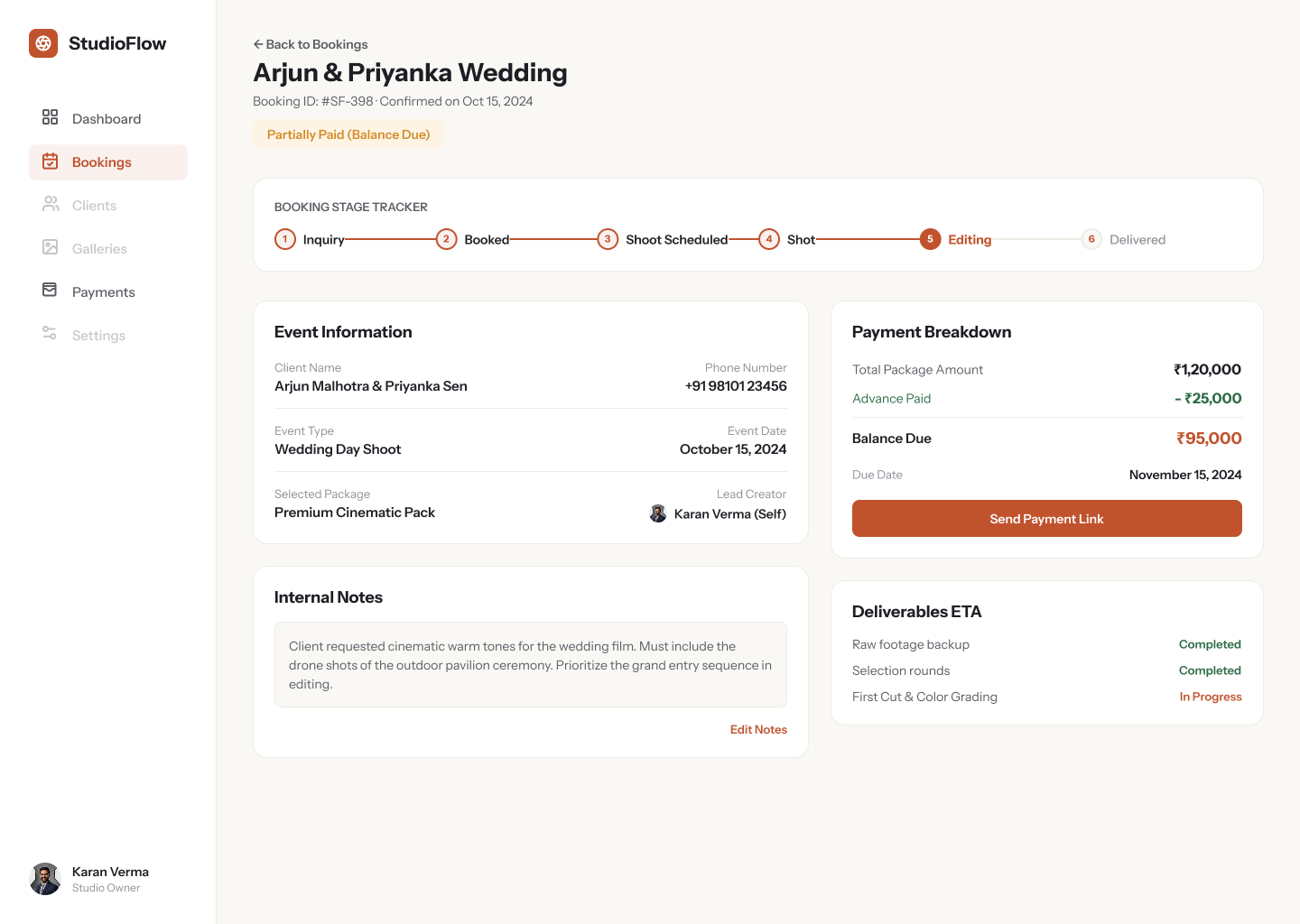 Booking detail screen for Arjun & Priyanka Wedding, showing a six-stage booking tracker at Editing, event information, internal notes, a payment breakdown of ₹1,20,000 total with ₹95,000 balance due, and deliverables ETA