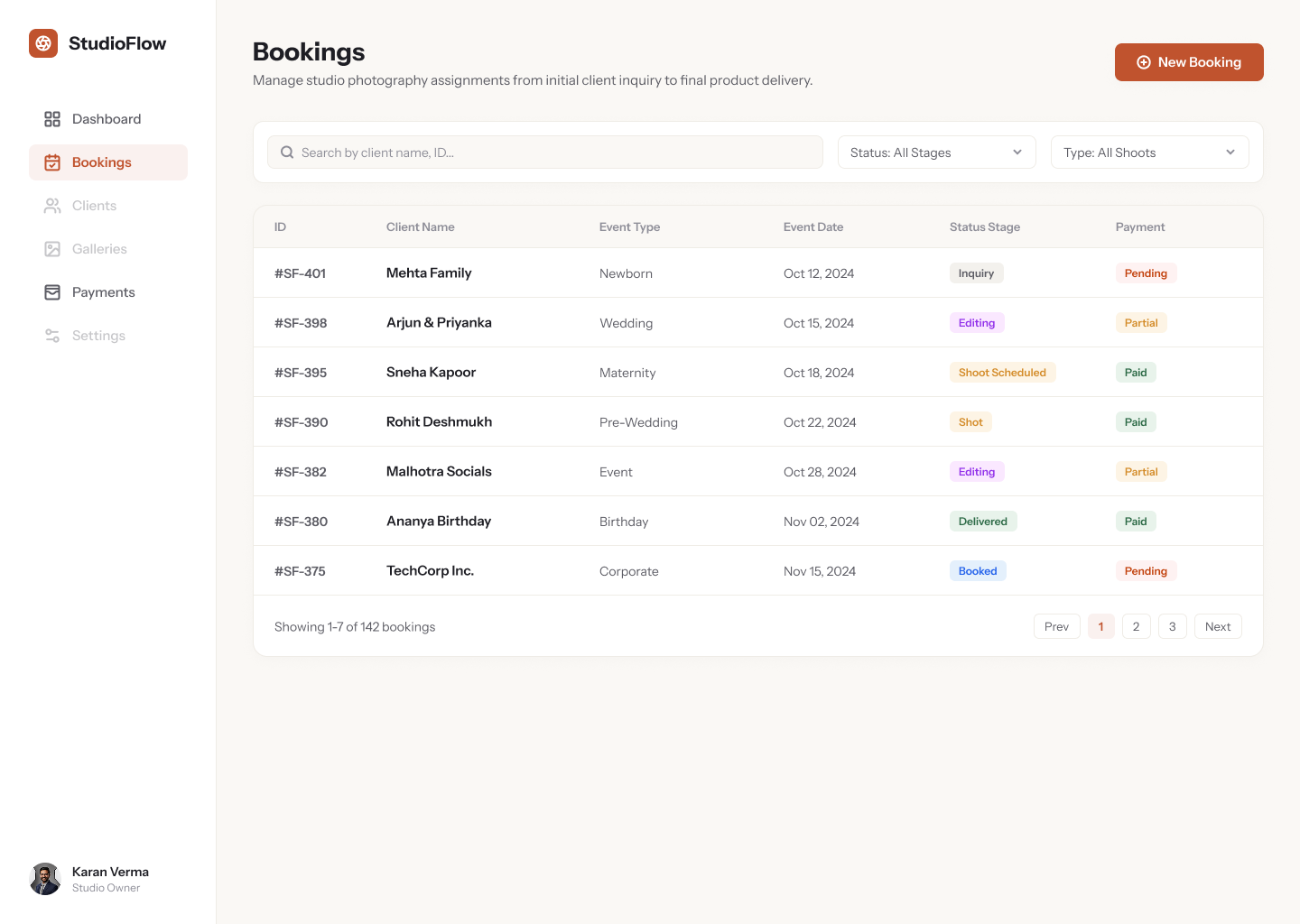 Bookings list screen with a searchable, filterable table of client name, event type, event date, status stage, and payment status for 142 bookings