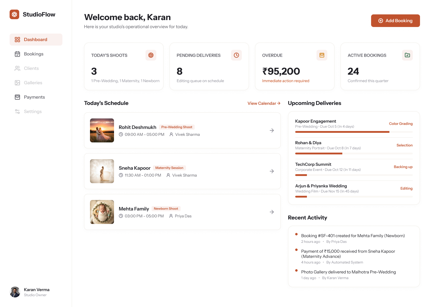 StudioFlow dashboard with today's shoots, pending deliveries, and upcoming deliveries
