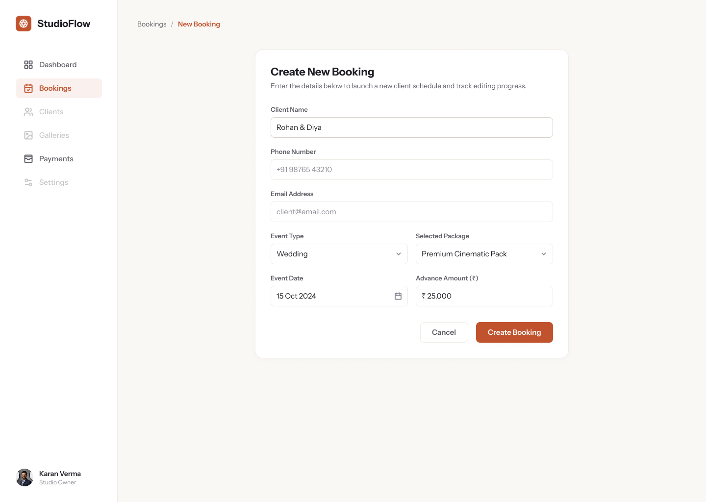 Create New Booking form capturing client name, phone number, email address, event type, selected package, event date, and advance amount