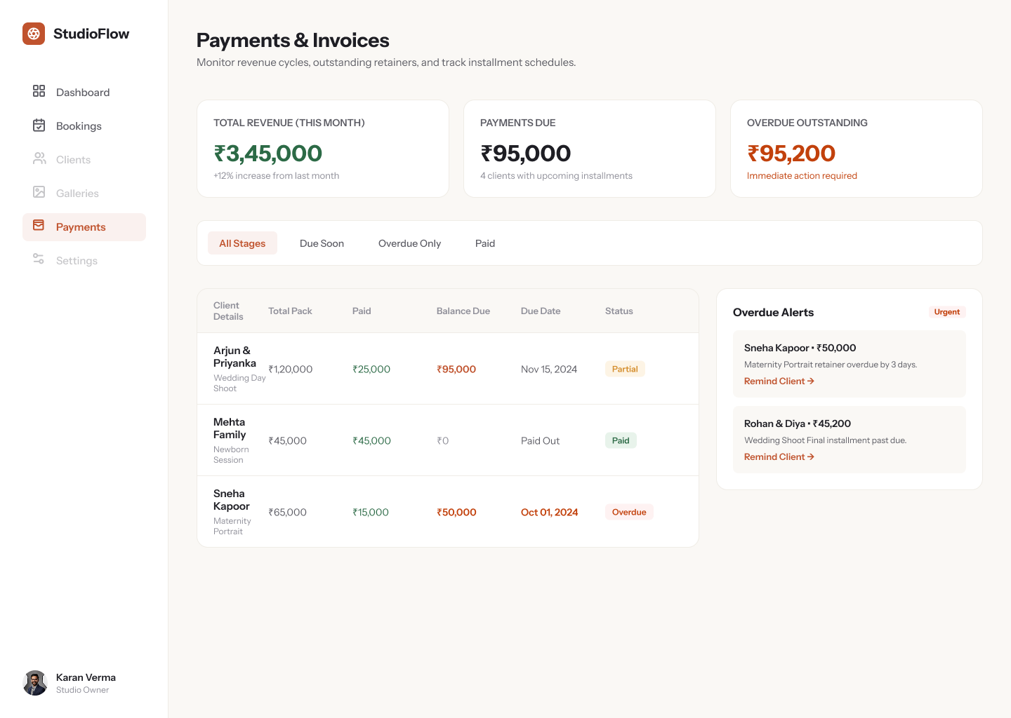 Payments and Invoices screen with Total Revenue, Payments Due, and Overdue Outstanding stat cards, a per-client installment table, and an Overdue Alerts panel